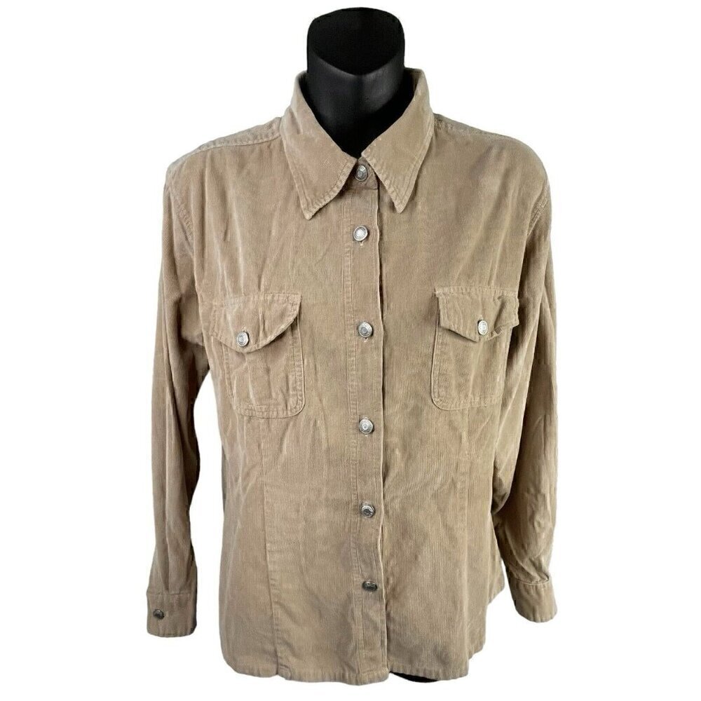 VTG 90s Gap Blue Jeans Long Sleeve Button Up Corduroy Tan Shirt Women’s M School